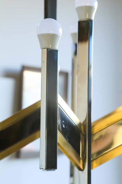 Original 1970's 9 Light Gaetano Sciolari Brass and Chrome Model Concorde Chandelier