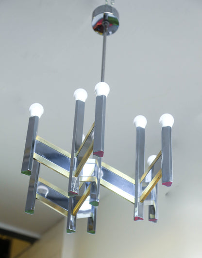 Original 1970's 9 Light Gaetano Sciolari Brass and Chrome Model Concorde Chandelier