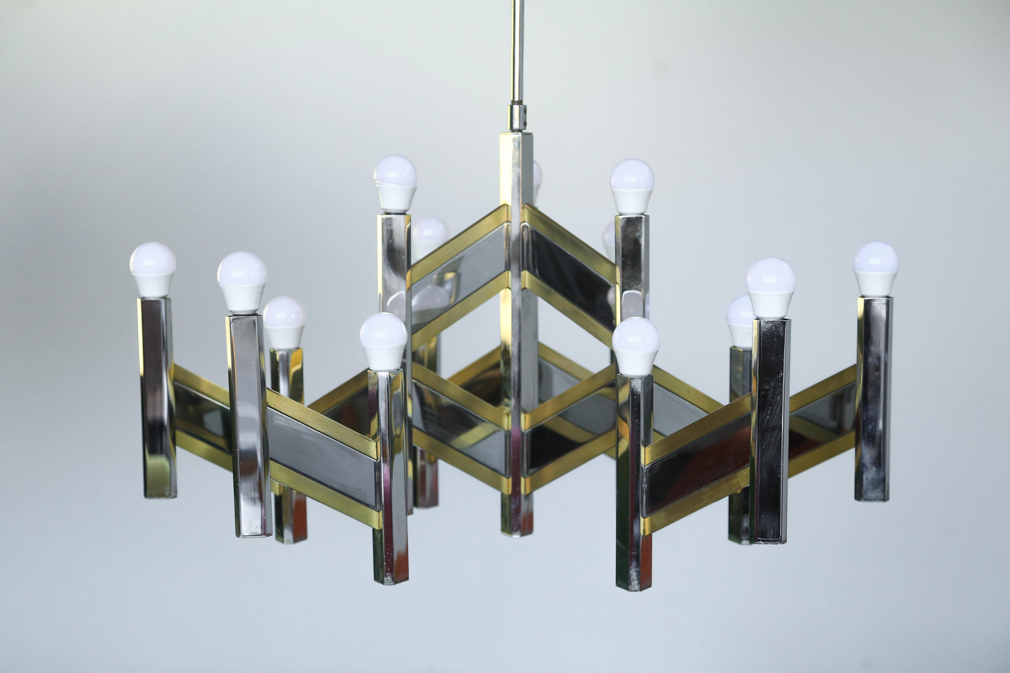 Original 1970's 15 Light Gaetano Sciolari Brass and Chrome Model Concorde Chandelier