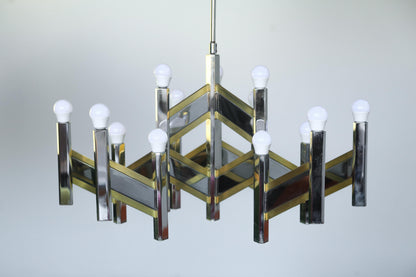 Original 1970's 15 Light Gaetano Sciolari Brass and Chrome Model Concorde Chandelier
