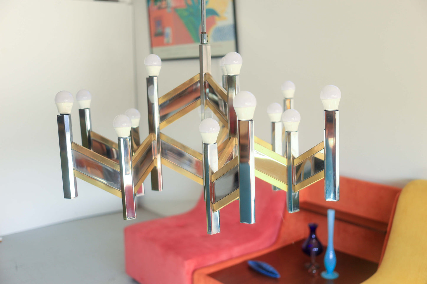 Original 1970's 15 Light Gaetano Sciolari Brass and Chrome Model Concorde Chandelier