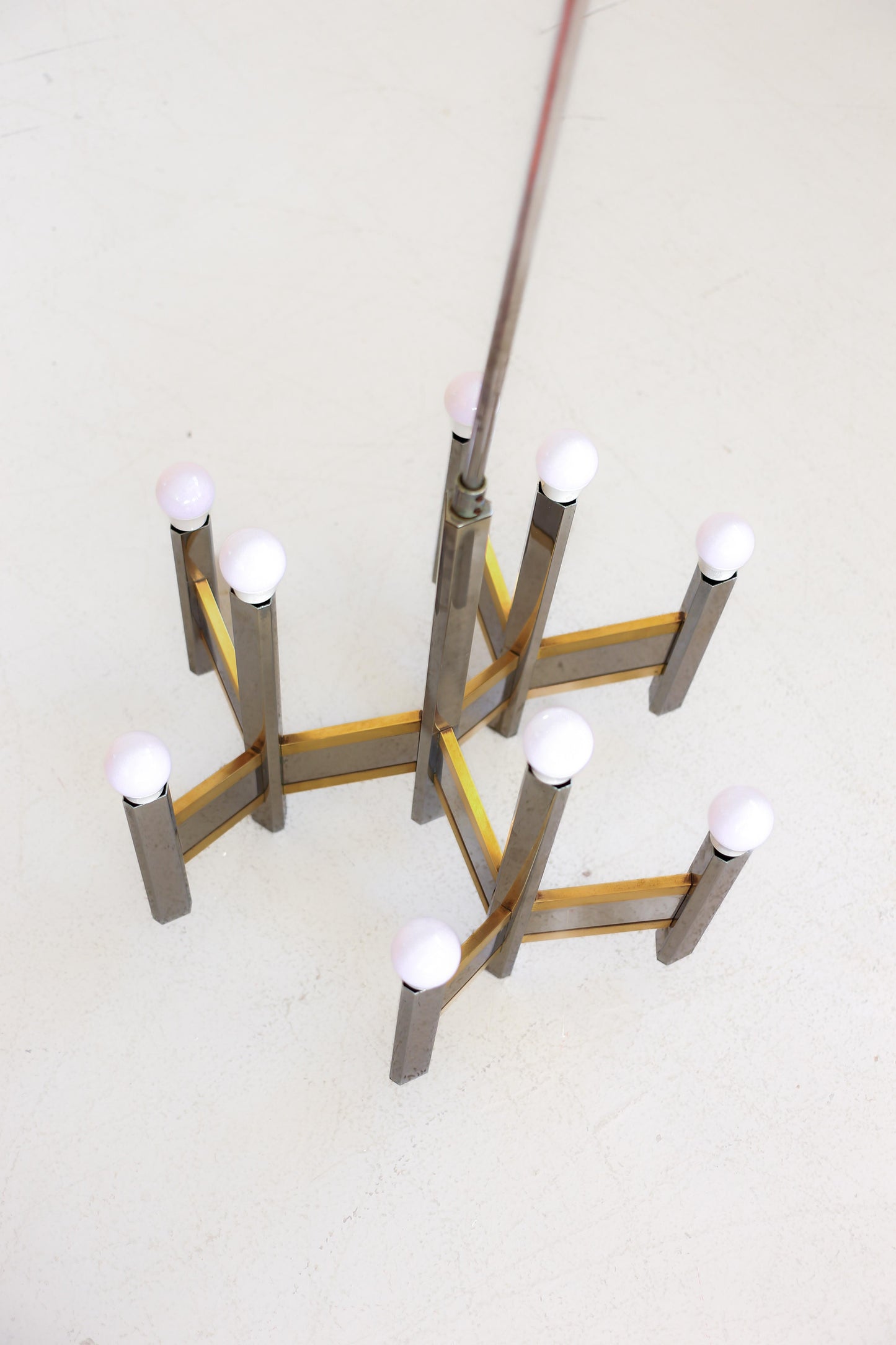 Original 1970's 9 Light Gaetano Sciolari Brass and Chrome Model Concorde Chandelier