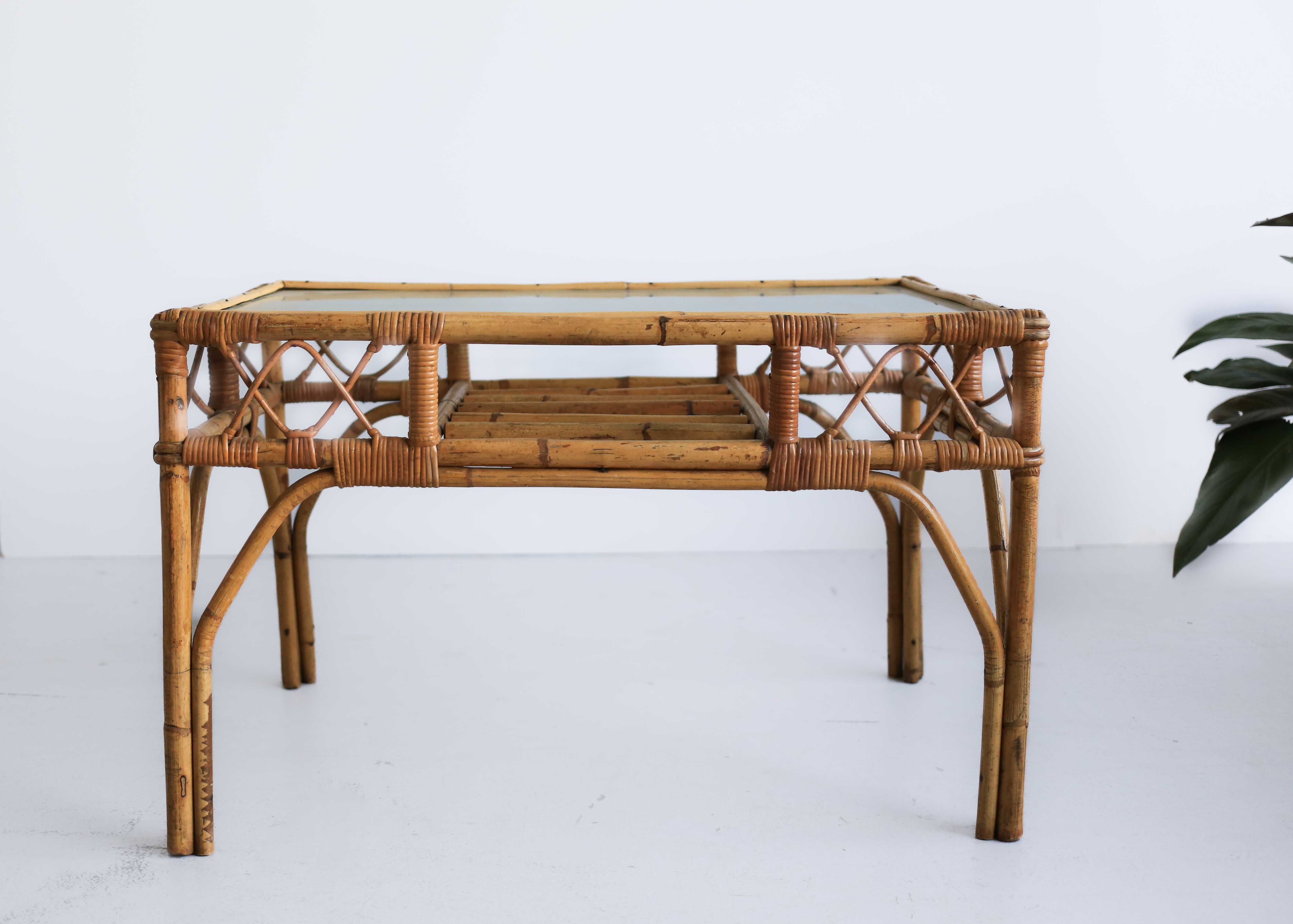 センターテーブル・ローテーブル Vintage Rattan and Glass Top Table Vintage Cane and Bamboo Coffee Table – Huisraad Modern